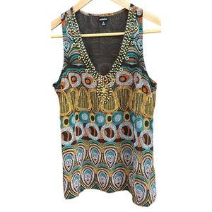 Y2K Rafaella Sleeveless Blouse Bohemian Mosaic Print Beaded V-Neck Top S